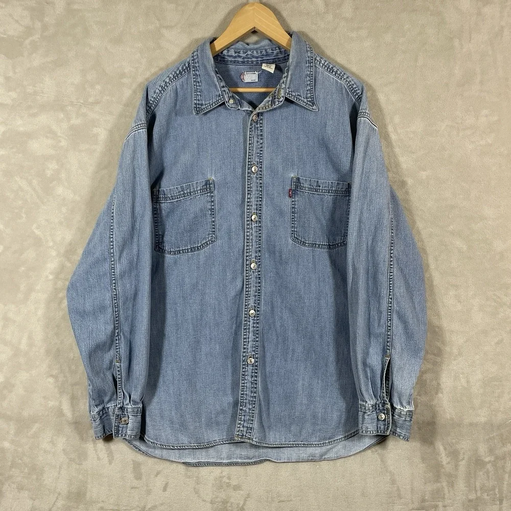 Vintage Levis Men's Shirt XXL Denim Blue Red Tab 90's Metal Button Logo Workwear